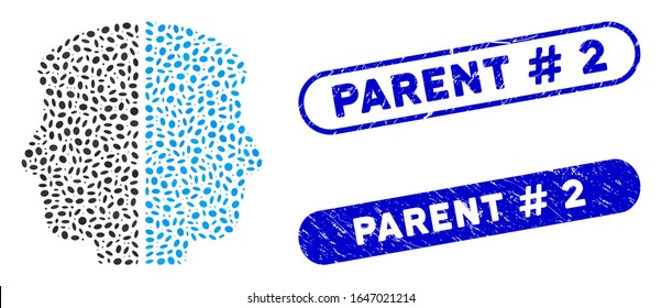 Mosaic dual face and corroded stamp seals with Parent # 2 phrase. Mosaic vector dual face is formed with randomized oval parts. Parent # 2 stamp seals use blue color, and have round rectangle shape.