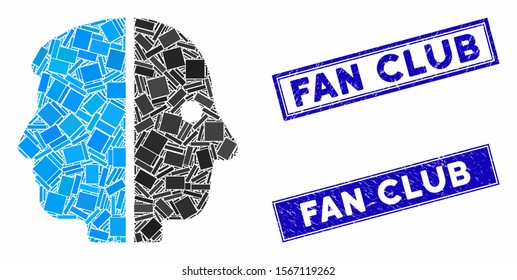 Mosaic dual face icon and rectangle stamps. Flat vector dual face mosaic icon of randomized rotated rectangle items. Blue caption stamps with grunge textures.