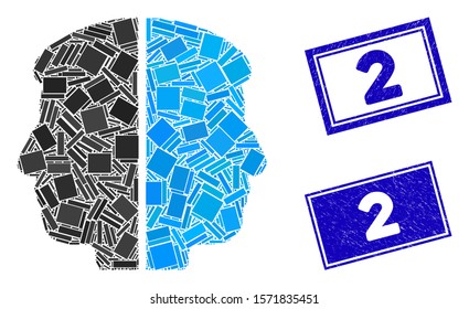 Mosaic dual face pictogram and rectangle 2 watermarks. Flat vector dual face mosaic pictogram of randomized rotated rectangular elements. Blue 2 watermarks with grunged surface.
