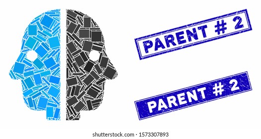 Mosaic dual face pictogram and rectangular Parent # 2 watermarks. Flat vector dual face mosaic pictogram of scattered rotated rectangular elements.