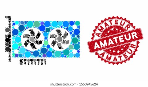Mosaic dual GPU videocard and rubber stamp seal with Amateur text. Mosaic vector is formed with dual GPU videocard icon and with random circle elements. Amateur seal uses red color,
