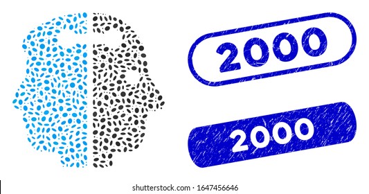 Mosaic dual head connection and corroded stamp seals with 2000 caption. Mosaic vector dual head connection is formed with random oval items. 2000 stamp seals use blue color,