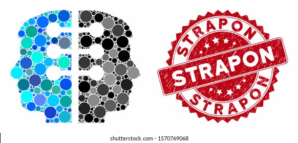 Mosaic dual head interface and corroded stamp seal with Strapon caption. Mosaic vector is designed with dual head interface icon and with random round items. Strapon stamp seal uses red color,