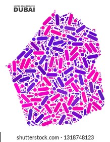 Mosaic Dubai Emirate map isolated on a white background. Vector geographic abstraction in pink and violet colors. Mosaic of Dubai Emirate map combined of scattered circle dots and lines.