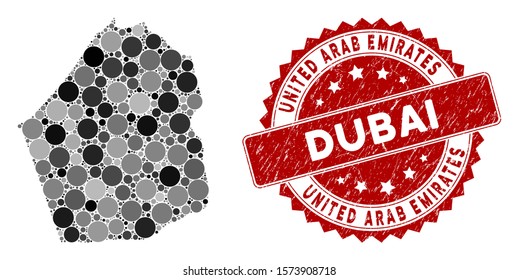 Mosaic Dubai Emirate map and round seal stamp. Flat vector Dubai Emirate map mosaic of randomized round items. Red stamp imprint with corroded style. Designed for political and patriotic applications.