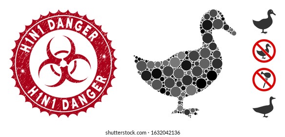 Mosaic duck icon and rubber stamp seal with H1N1 Danger text and biohazard symbol. Mosaic vector is formed from duck icon and with random circle items. H1N1 Danger stamp seal uses red color,