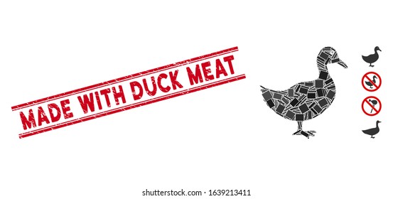 Mosaic duck pictogram and red Made with Duck Meat seal between double parallel lines. Flat vector duck mosaic pictogram of random rotated rectangle elements.