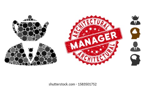 Mosaic dummy person icon and corroded stamp watermark with Architectural Manager caption. Mosaic vector is created with dummy person icon and with scattered spheric spots.