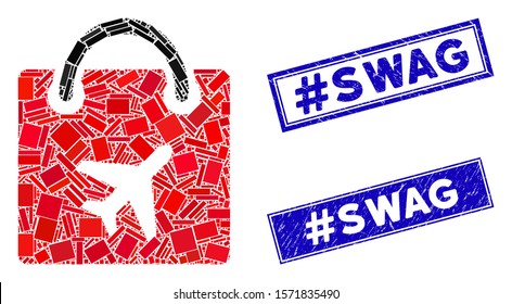 Mosaic duty free bag icon and rectangular #Swag stamps. Flat vector duty free bag mosaic icon of randomized rotated rectangular items. Blue #Swag stamps with dirty textures.