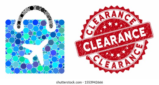 Mosaic duty free shopping and distressed stamp watermark with Clearance caption. Mosaic vector is designed with duty free shopping icon and with scattered spheric items.