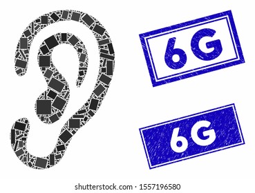 Mosaic ear icon and rectangle seals. Flat vector ear mosaic icon of scattered rotated rectangle elements. Blue caption seals with grunge textures.