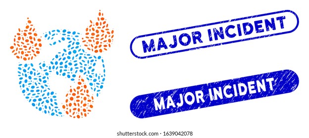 Mosaic Earth disasters and rubber stamp watermarks with Major Incident phrase. Mosaic vector Earth disasters is designed with randomized elliptic elements. Major Incident stamp seals use blue color,