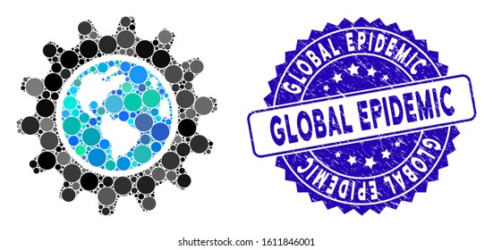 Mosaic Earth engineering icon and rubber stamp watermark with Global Epidemic text. Mosaic vector is composed from Earth engineering icon and with randomized spheric spots.