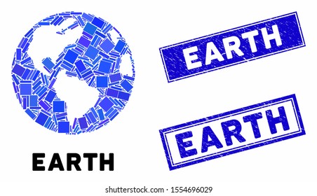 Mosaic Earth globe and rectangle seal stamps. Flat vector Earth globe mosaic of randomized rotated rectangle items. Blue caption seal stamps with grunged textures.