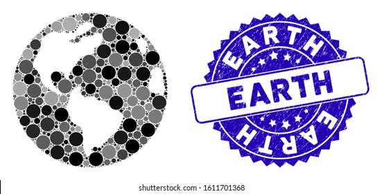 Mosaic Earth icon and rubber stamp seal with Earth text. Mosaic vector is composed with Earth icon and with scattered round items. Earth stamp seal uses blue color, and scratched texture.