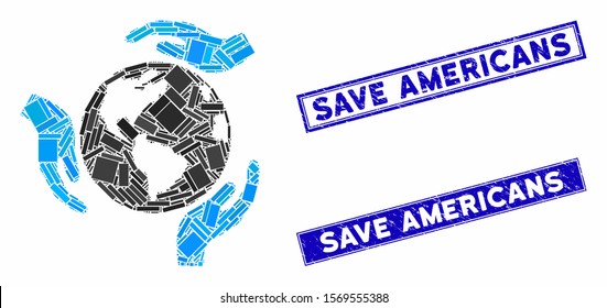 Mosaic Earth protection pictogram and rectangle seal stamps. Flat vector Earth protection mosaic pictogram of random rotated rectangle elements. Blue caption seal stamps with distress texture.