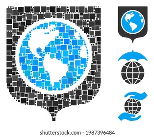 Mosaic Earth shield icon united from square elements in different sizes and color hues. Vector square elements are grouped into abstract mosaic Earth shield icon. Bonus icons are placed.