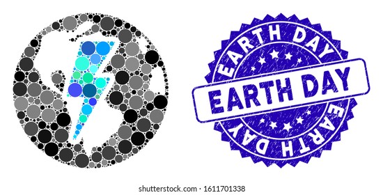 Mosaic Earth shock icon and distressed stamp seal with Earth Day text. Mosaic vector is formed with Earth shock icon and with random circle items. Earth Day stamp uses blue color, and rubber texture.