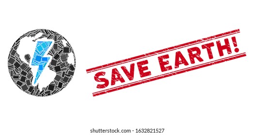 Mosaic Earth shock pictogram and red Save Earth! rubber print between double parallel lines. Flat vector Earth shock mosaic pictogram of random rotated rectangle items.