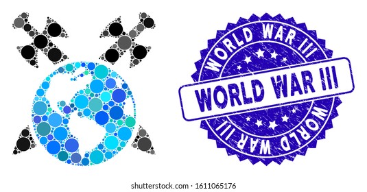 Mosaic Earth swords icon and grunge stamp watermark with World War Iii caption. Mosaic vector is composed with Earth swords icon and with randomized round items.