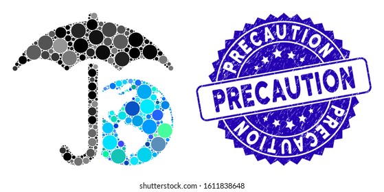 Mosaic Earth umbrella icon and rubber stamp watermark with Precaution phrase. Mosaic vector is created with Earth umbrella icon and with scattered spheric elements. Precaution stamp uses blue color,