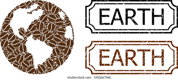 Mosaic Earth united from cacao grain, and grunge Earth rectangle seal stamps with notches. Vector coffee parts are united into abstract illustration Earth icon with brown color.