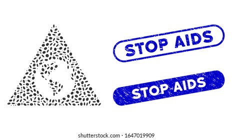 Mosaic Earth warning and distressed stamp seals with Stop AIDS text. Mosaic vector Earth warning is designed with randomized oval elements. Stop AIDS stamp seals use blue color,