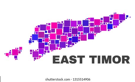 Mosaic East Timor map isolated on a white background. Vector geographic abstraction in pink and violet colors. Mosaic of East Timor map combined of random square items.