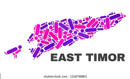 Mosaic East Timor map isolated on a white background. Vector geographic abstraction in pink and violet colors. Mosaic of East Timor map combined of scattered circle points and lines.