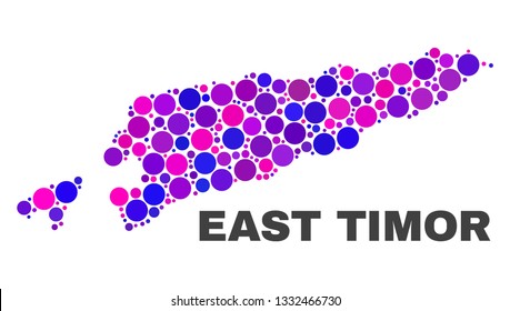 Mosaic East Timor map isolated on a white background. Vector geographic abstraction in pink and violet colors. Mosaic of East Timor map combined of scattered spheric items.