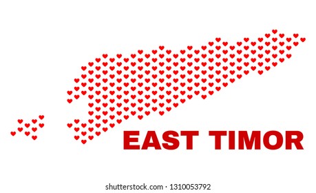 Mosaic East Timor map of love hearts in red color isolated on a white background. Regular red heart pattern in shape of East Timor map. Abstract design for Valentine illustrations.