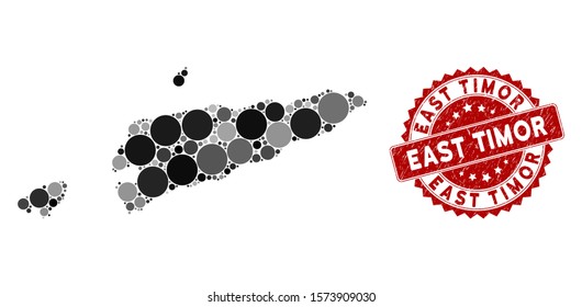 Mosaic East Timor map and round seal stamp. Flat vector East Timor map mosaic of random round elements. Red stamp with scratched texture. Designed for political and patriotic promotion.