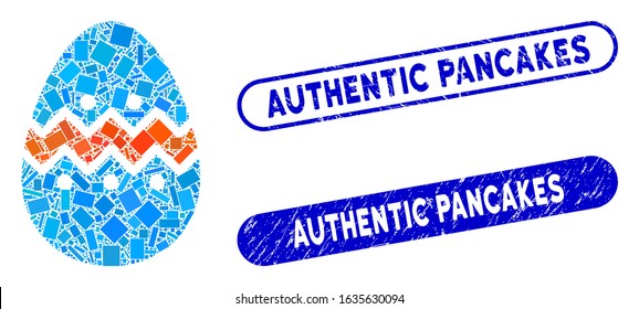 Mosaic easter egg and distressed stamp seals with Authentic Pancakes text. Mosaic vector easter egg is designed with randomized rectangle items. Authentic Pancakes stamp seals use blue color,