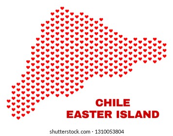 Mosaic Easter Island map of heart hearts in red color isolated on a white background. Regular red heart pattern in shape of Easter Island map. Abstract design for Valentine illustrations.