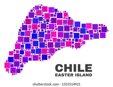 Mosaic Easter Island map isolated on a white background. Vector geographic abstraction in pink and violet colors. Mosaic of Easter Island map combined of random square elements.