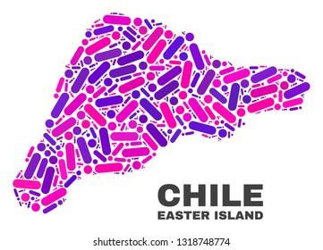 Mosaic Easter Island map isolated on a white background. Vector geographic abstraction in pink and violet colors. Mosaic of Easter Island map combined of random circle points and lines.