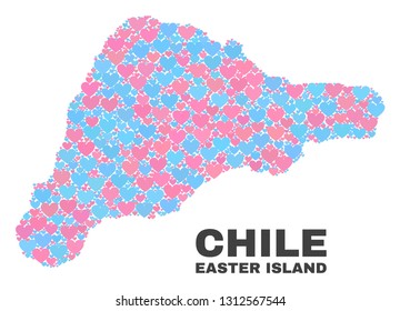 Mosaic Easter Island map of lovely hearts in pink and blue colors isolated on a white background. Lovely heart collage in shape of Easter Island map. Abstract design for Valentine illustrations.