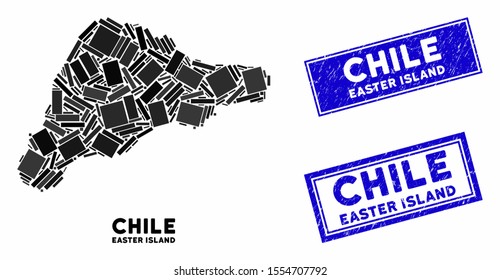 Mosaic Easter Island map and rectangle stamps. Flat vector Easter Island map mosaic of random rotated rectangle elements. Blue caption rubber stamps with grunge surface.