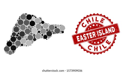 Mosaic Easter Island map and round seal stamp. Flat vector Easter Island map mosaic of scattered round items. Red stamp imprint with rubber surface. Designed for political and patriotic proclamations.