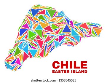 Mosaic Easter Island map of triangles in bright colors isolated on a white background. Triangular collage in shape of Easter Island map. Abstract design for patriotic purposes.