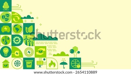 Mosaic eco background. Green abstract geometric pattern with nature icons, modern ecology banner cover for earth day recycling awareness. Vector eco illustration.