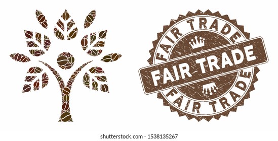 Mosaic eco man and grunge stamp seal with Fair Trade caption. Mosaic vector eco man is created with seeds. Fair Trade seal uses brown color.