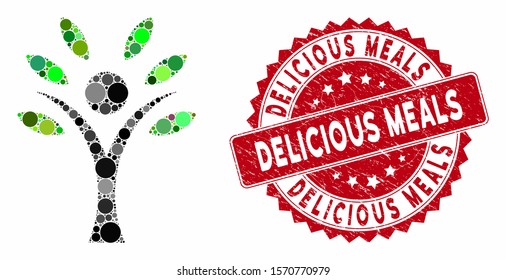 Mosaic eco man and grunge stamp watermark with Delicious Meals text. Mosaic vector is formed with eco man icon and with random circle elements. Delicious Meals stamp uses red color, and grunge design.