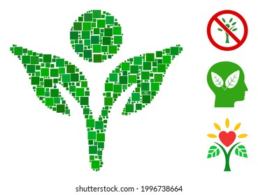 Icono de Eco Mosaico construido a partir de elementos cuadrados en tamaños variables y tonos de color. Los elementos cuadrados vectoriales se combinan en un icono de eco-man de mosaico abstracto. Se colocan pictogramas bonificados.