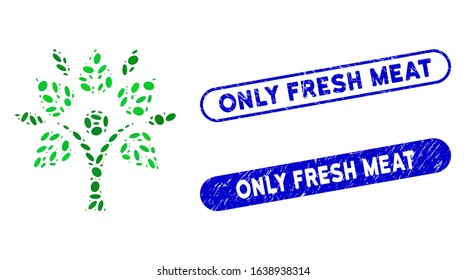 Mosaic eco man and rubber stamp seals with Only Fresh Meat caption. Mosaic vector eco man is formed with random ellipse dots. Only Fresh Meat stamp seals use blue color,