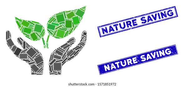 Mosaic eco startup care hands pictogram and rectangle Nature Saving seals. Flat vector eco startup care hands mosaic pictogram of random rotated rectangle items.