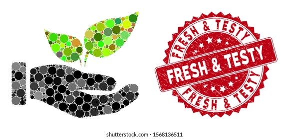 Mosaic eco startup hand and corroded stamp watermark with Fresh & Testy phrase. Mosaic vector is created with eco startup hand icon and with randomized round spots.