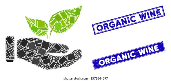 Mosaic eco startup hand icon and rectangle Organic Wine seal stamps. Flat vector eco startup hand mosaic icon of scattered rotated rectangle items. Blue Organic Wine seal stamps with rubber textures.