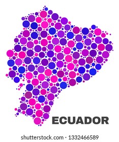 Mosaic Ecuador map isolated on a white background. Vector geographic abstraction in pink and violet colors. Mosaic of Ecuador map combined of scattered spheric items.
