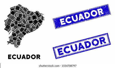 Mosaic Ecuador map and rectangular watermarks. Flat vector Ecuador map mosaic of randomized rotated rectangular items. Blue caption watermarks with distress texture.